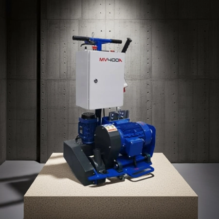 Frezarka do podłogówki MV400A z napędem 4 kW, 400 V, wyposażona w system odsysania pyłu, prezentowana na podświetlonym podium w nowoczesnym, przemysłowym otoczeniu.